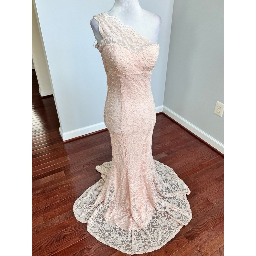 Morgan & Co Glitter Peach One Shoulder Lace Formal Sexy Gown Dress Size 3/4 - Picture 10 of 12